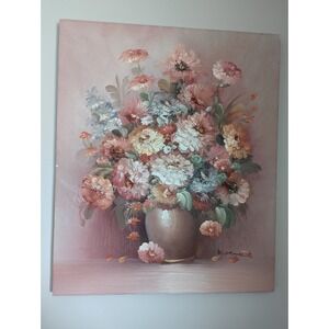 Vintage MCM Signed K. Stone Floral Flowers Vase 3D Textured Oil Painting 24 X 20
